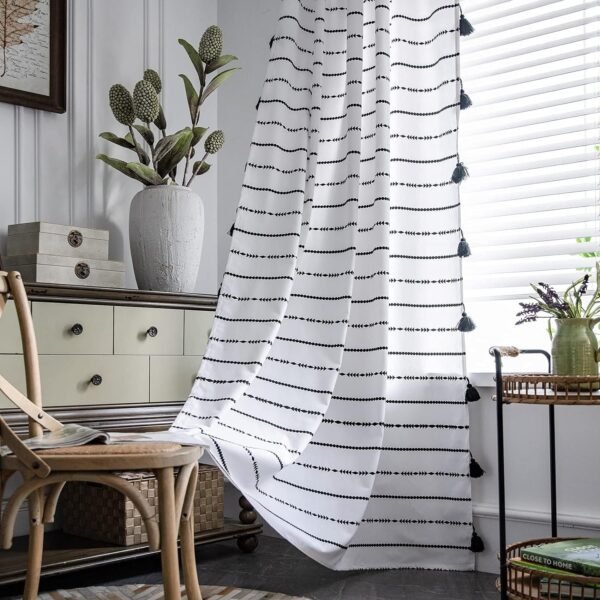 Geometric Semi-Blackout Window Curtains 2 Panels Boho Linen Room Darkening Curtains Tassels Rod Pocket Window Drapes for Bedroom Living Room(52" W x 63" L Pair, Cream)