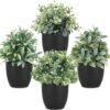 rtificial Potted Plants Mini Fake Plants in Pots, 4 Pack Medium Eucalyptus Potted Faux Decorative Grass Plant with White Plastic Pot for Home Decor, Indoor, Office, Desk, Table Decoration