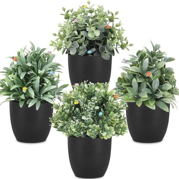 rtificial Potted Plants Mini Fake Plants in Pots, 4 Pack Medium Eucalyptus Potted Faux Decorative Grass Plant with White Plastic Pot for Home Decor, Indoor, Office, Desk, Table Decoration