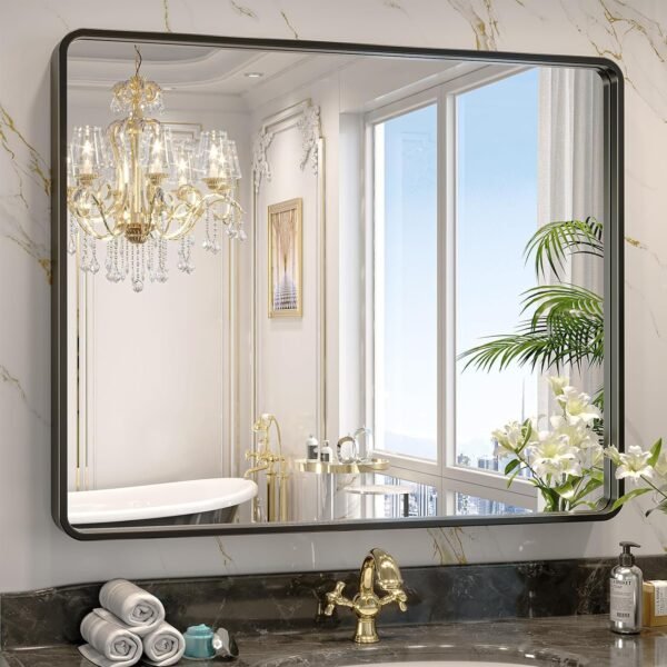 Black Bathroom Mirror for Wall, 24x36 Inch Rectangular Black Metal Framed Mirror, Modern Wall Mounted Vanity Mirror for Bathroom, Vertical or Horizontal