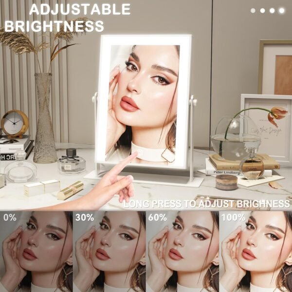 Lighted Makeup Mirror with Light, 9"x11" Vanity Mirror with Lights, Portable Tabletop Cosmetic Make Up Mirror, Smart Touch Control, Dual Power Supply, 360°Rotation