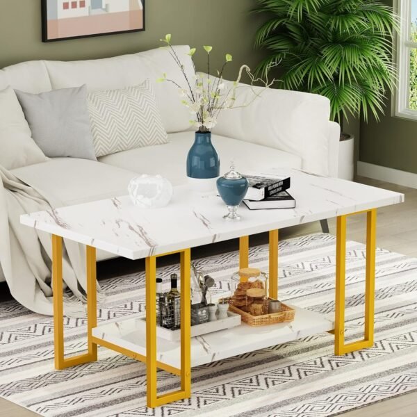 Marble Coffee Table, Faux Marble Top Rectangular Coffee Table with Gold Metal Frame, 2 Tier Living Room Table for Living Room, Office, Balcony, 40 Inch, White and Gold