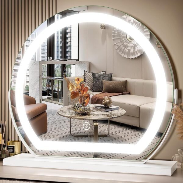 91plGRKVeKL._AC_SL1500.jpg Vanity Mirror with Lights, 17x13 inch LED Lighted Makeup Mirror, Large Makeup Mirror with Lights, Touch Sensor with 3-Color Lighting, Dimmable for Vanity Desk Tabletop, Bedroom