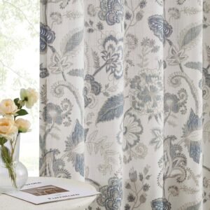 Backtab Rod Pocket Jacobean Floral Semi Sheer Curtains Boho Botanical Leaf Printed Vintage Farmhouse Blue Grey Light Filtering Window Treatment Sets Living Room Bedroom,52"x84",2 Panels