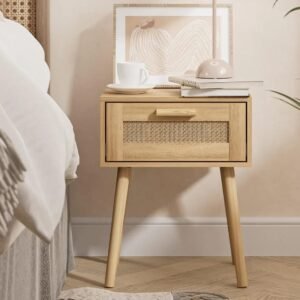 Bedroom Nightstands Wooden Night Stands with Rattan Weaving Drawer Home Bedside End Table for  Storage