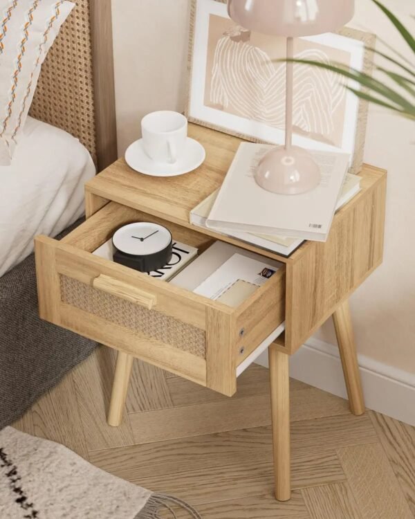 Bedroom Nightstands Wooden Night Stands with Rattan Weaving Drawer Home Bedside End Table for  Storage
