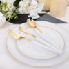 Gold Plastic Plates with Disposable Silverware, Gold Cutlery with White Handle