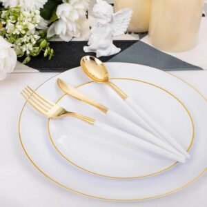 Gold Plastic Plates with Disposable Silverware, Gold Cutlery with White Handle