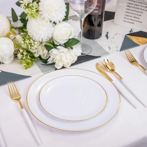 Gold Plastic Plates with Disposable Silverware, Gold Cutlery with White Handle