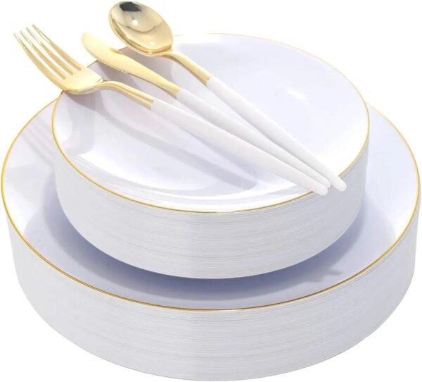 Gold Plastic Plates with Disposable Silverware, Gold Cutlery with White Handle