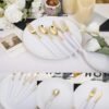 Gold Plastic Plates with Disposable Silverware, Gold Cutlery with White Handle