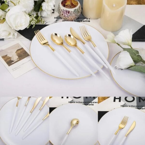 Gold Plastic Plates with Disposable Silverware, Gold Cutlery with White Handle