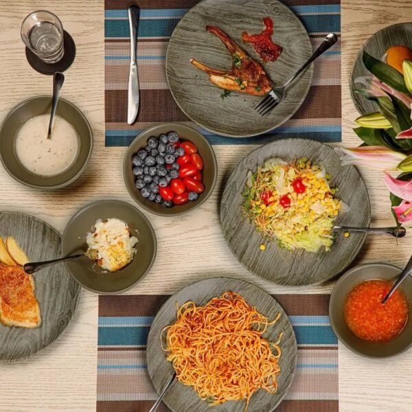 Dinnerware Sets Service for 6, Melamine Dinner Plates and Bowls Set, 18-Piece Dishes Set (Red & Black)