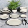 Double Bowl Dinnerware Set, Service for 4 (16pcs), White and Black