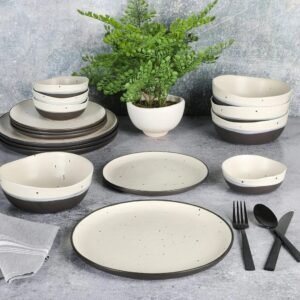 Double Bowl Dinnerware Set, Service for 4 (16pcs), White and Black