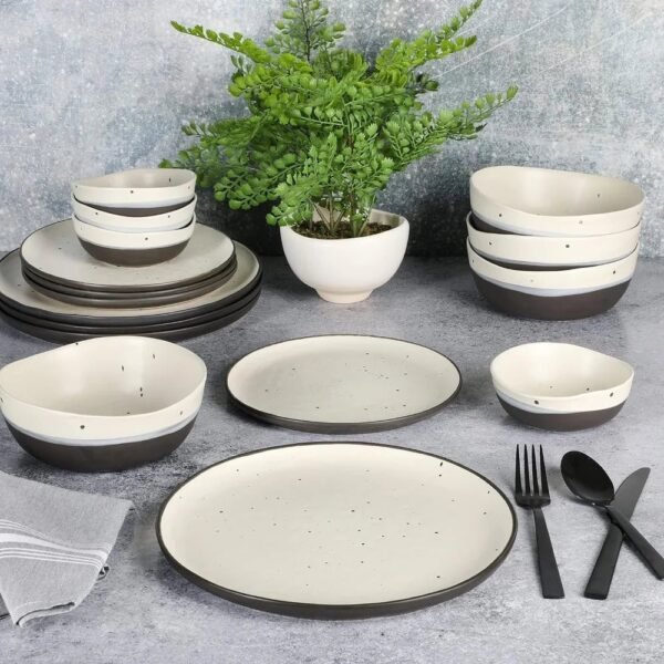 Double Bowl Dinnerware Set, Service for 4 (16pcs), White and Black