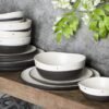 Double Bowl Dinnerware Set, Service for 4 (16pcs), White and Black