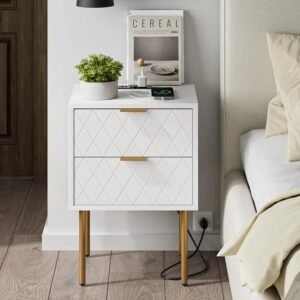 Nightstand,Mid-Century Modern Bedside Table with 2 Storage Drawer,Small Gold Frame Side End Table for Bedroom,Living Room