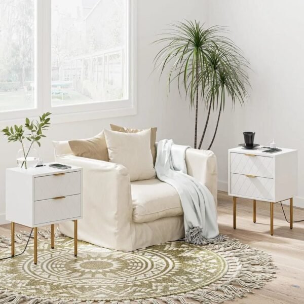 Nightstand,Mid-Century Modern Bedside Table with 2 Storage Drawer,Small Gold Frame Side End Table for Bedroom,Living Room