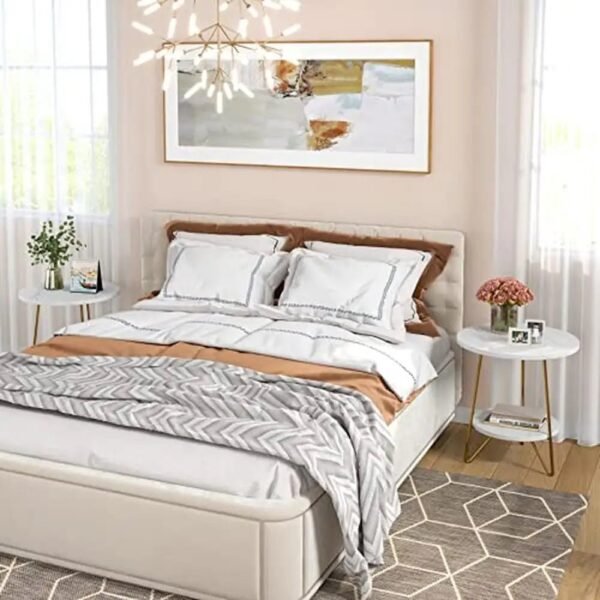 Modern Faux Marble End Table with Dual-Layer Storage Small Coffee Accent Table Living Room White and Gold Hairpin Legs Sturdy