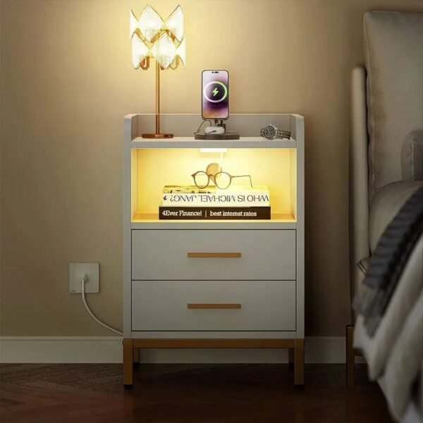 Night Stand with LED Lights and Charging Station, End Bedside Table with 2 Drawers, Open Storage, USB Ports and Outlets