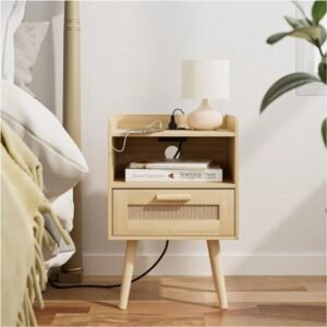 Nightstand with Charging Station,Bedside Table with PE Rattan Decor Drawer,Rattan Night Stand with Solid Wood Legs