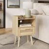 Nightstand with Charging Station,Bedside Table with PE Rattan Decor Drawer,Rattan Night Stand with Solid Wood Legs