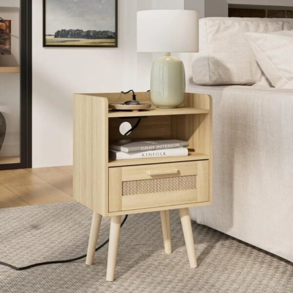 Nightstand with Charging Station,Bedside Table with PE Rattan Decor Drawer,Rattan Night Stand with Solid Wood Legs