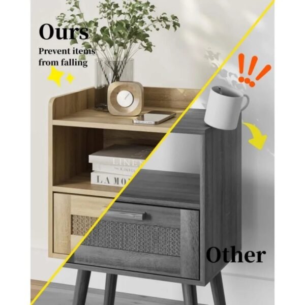 Nightstand with Charging Station,Bedside Table with PE Rattan Decor Drawer,Rattan Night Stand with Solid Wood Legs