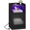 Nightstand with Power Outlet and LED Light, Side End Table with Storage Cabinet, Modern Bedside Table for Bedroom, Living Room