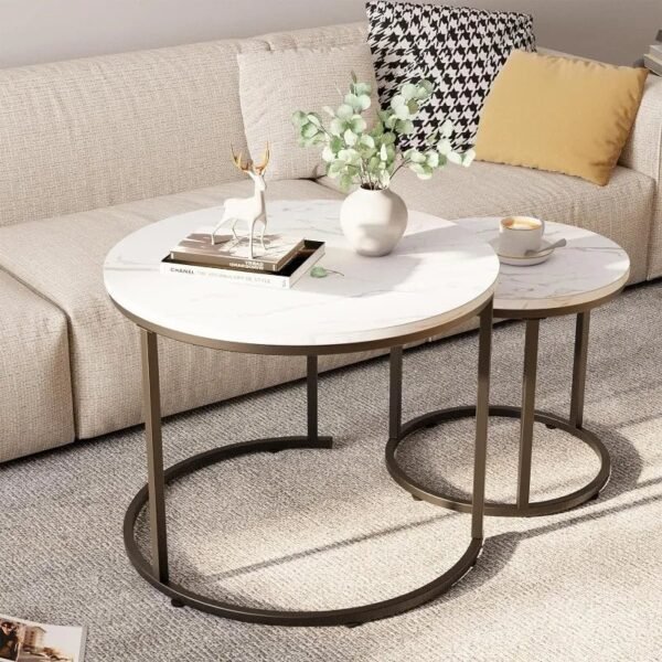Round Nesting Coffee Table Side Table Set of 2 End Tables for Living Room Bedroom Balcony,Faux Marble Wooden Table 31IN