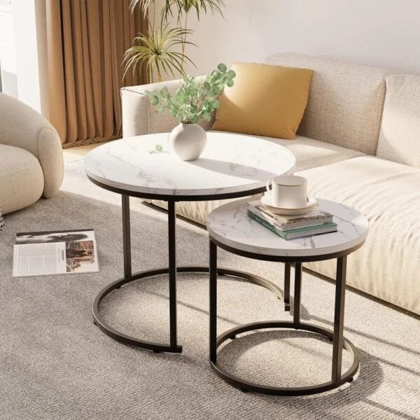 Round Nesting Coffee Table Side Table Set of 2 End Tables for Living Room Bedroom Balcony,Faux Marble Wooden Table 31IN