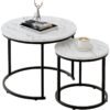 Round Nesting Coffee Table Side Table Set of 2 End Tables for Living Room Bedroom Balcony,Faux Marble Wooden Table 31IN