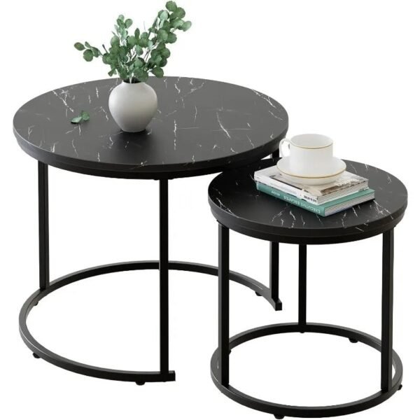 Round Nesting Coffee Table Side Table Set of 2 End Tables for Living Room Bedroom Balcony,Faux Marble Wooden Table 31IN