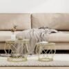 Gold Coffee Table, Round End Table Set of 2, Coffee Table with Metal Frame and Tempered Glass Top, Modern Accent Side Table