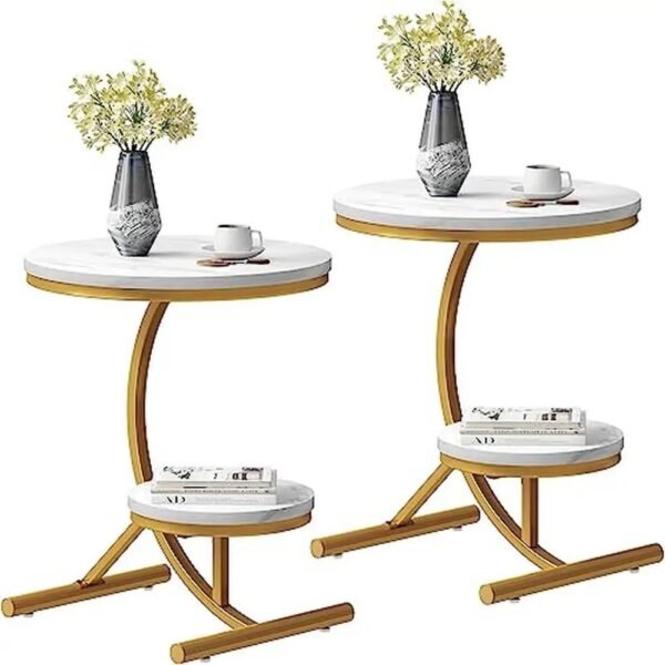Modern 2-Tier Round End Table with Storage Shelf Faux Marble Top Gold C-Shaped Legs Sofa Side Table