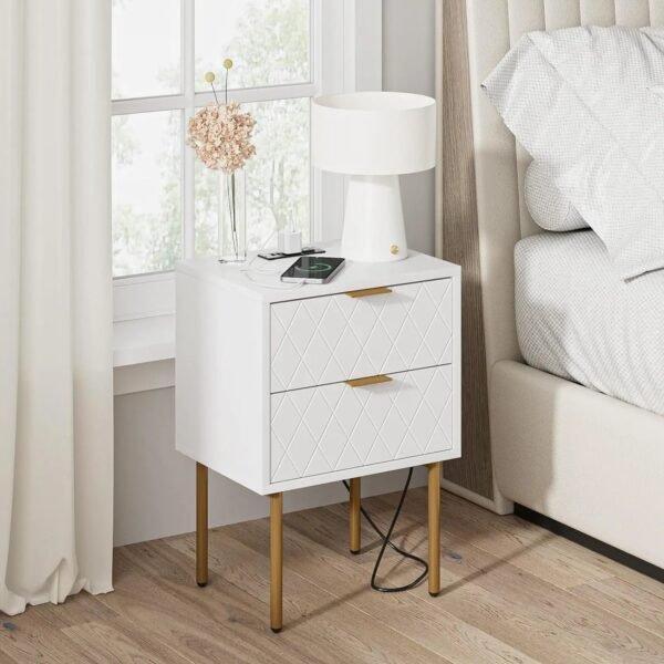 Nightstand,Mid-Century Modern Bedside Table with 2 Storage Drawer,Small Gold Frame Side End Table for Bedroom,Living Room