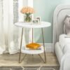 Faux Marble End Table, 2 Tier Round Side Table with Shelves, Modern Gold Nightstand Bedside Table Small Coffee Table