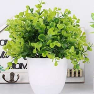 rtificial Potted Plants Mini Fake Plants in Pots, 4 Pack Medium Eucalyptus Potted Faux Decorative Grass Plant with White Plastic Pot for Home Decor, Indoor, Office, Desk, Table Decoration