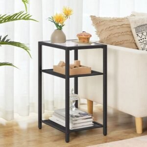 Side Tables Set of 2, 3-Tier Slim Nightstands with Storage Shelves, Modern End Tables, Tempered Glass Bedside Tables, for Living Room, Bedroom, Black BK77BZP201